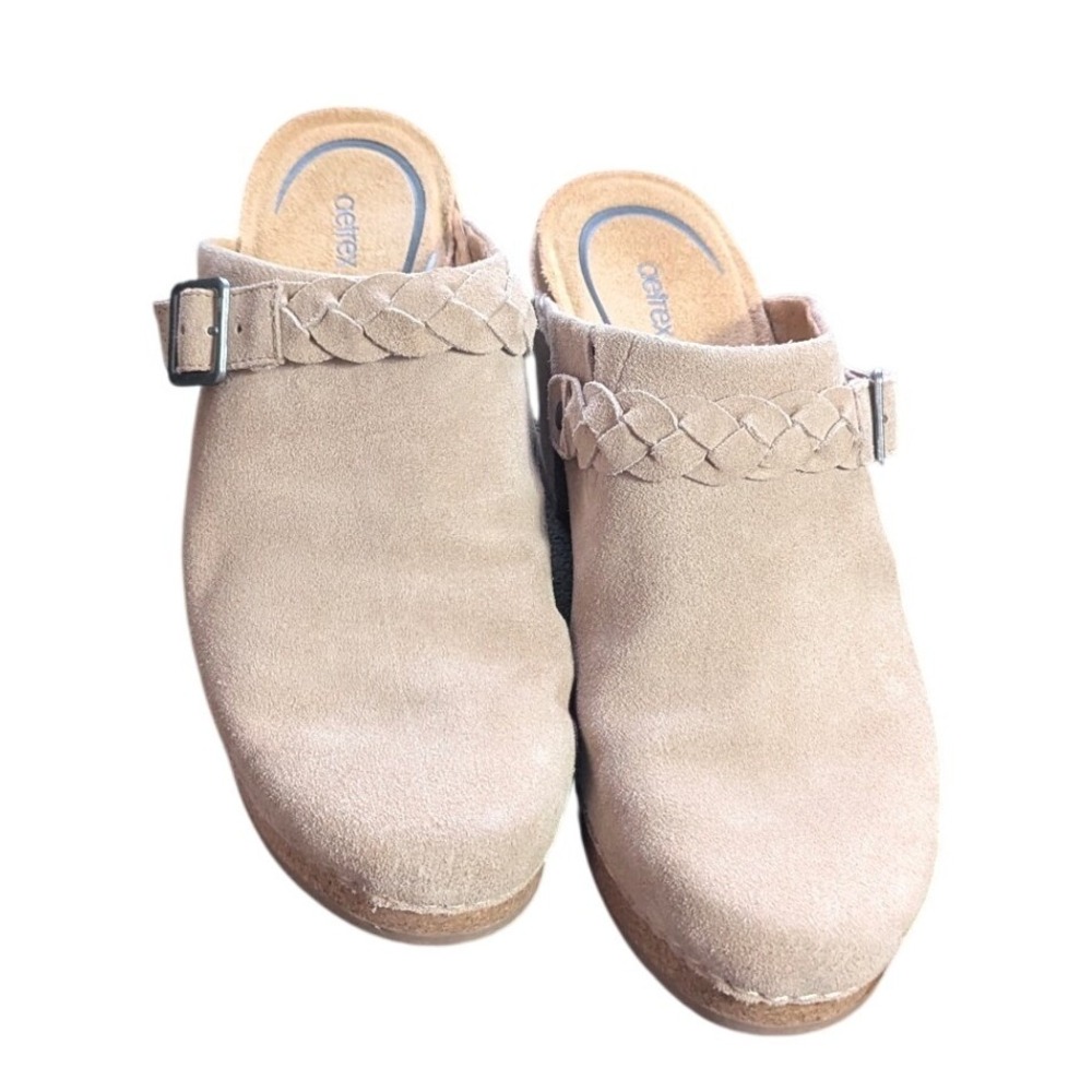 Aetrex Clogs Womens 8 Tan Suede Braided‎ Strap Platform Mules Block Heel Casual